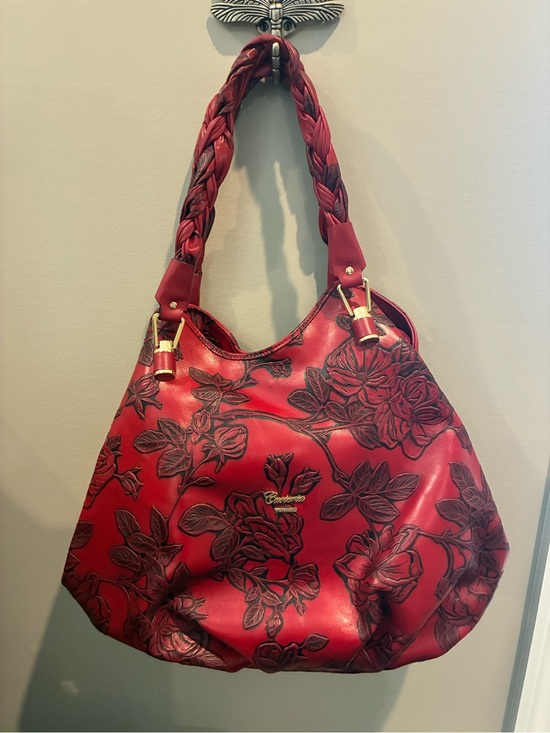 Cuoieria Fiorentina Handbags - CUOIERIA FIORENTINA Red Floral Embossed Braided-Handle Hobo leather Bag.
